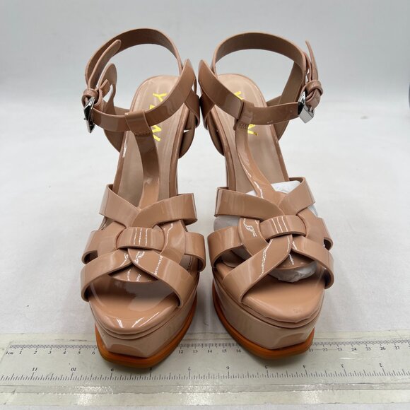 YDN Nude Strappy High Heeled Platform Sandals Peep Toe T-strap Ankle Strap Shoes - Picture 3 of 8